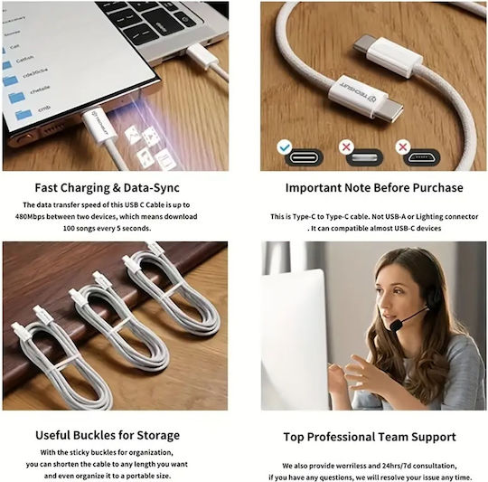 Techsuit Pcb114d USB 2.0 Cable USB-C male - USB-C 60W PD Μαύρο 1m