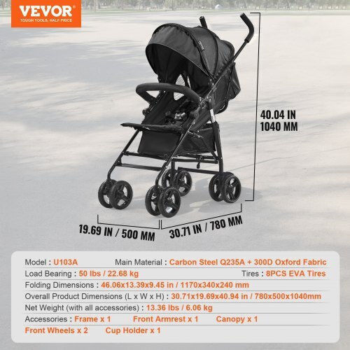 Vevor Umbrella Stroller Black 14.97kg