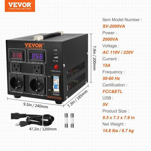 Transformator de tensiune Vevor 2000W pentru sarcini grele, certificat CE Dyzhq110v230vd806v2