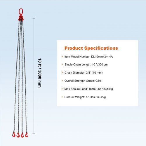 4-Strang Hebekette 3/8" x 10' Vevor G80 Haken 18400 lbs Dgdlhhmgfh1jvnvoqv0