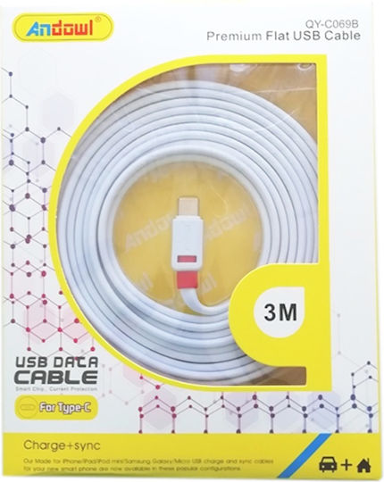 Andowl Flaches USB 2.0 Kabel USB Typ-C männlich - USB-A Weiß 3m QY-C069B