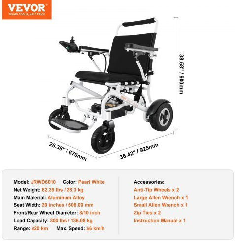 Vevor Elektrischer Rollstuhl 20" Klappbar 50,8 cm DDLY330LBS20LLLHFV2