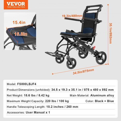 Vevor Wheelchair 15.75" Folding 40cm FWYSLYLHJ157O4N02V0 Black