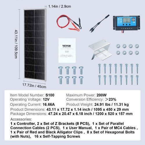 Vevor GDSDJTYNBDJGBIR76V9 Monocrystalline Solar Panel 200W 12V 1095x450x29mm