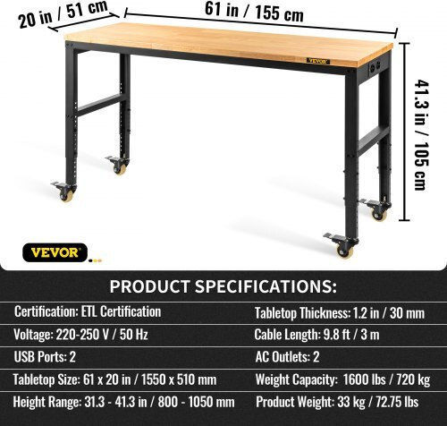 Vevor Πάγκος Εργασίας Αντοχής 720kg 51x51x155cm SMKDJGZTDLZOCF61OV2