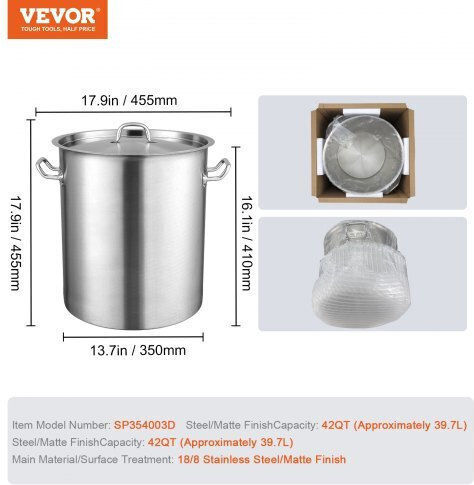 Vevor Καζάνι Χωρητικότητας 39.7lt με Διάμετρο 45.5εκ. και Ύψος 45.5εκ.