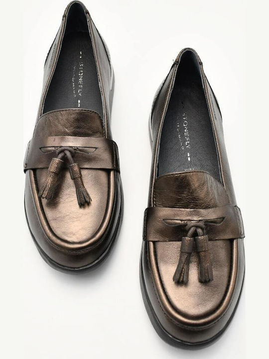 Δερμάτινα Γυναικεία Loafers σε Χρυσό Χρώμα