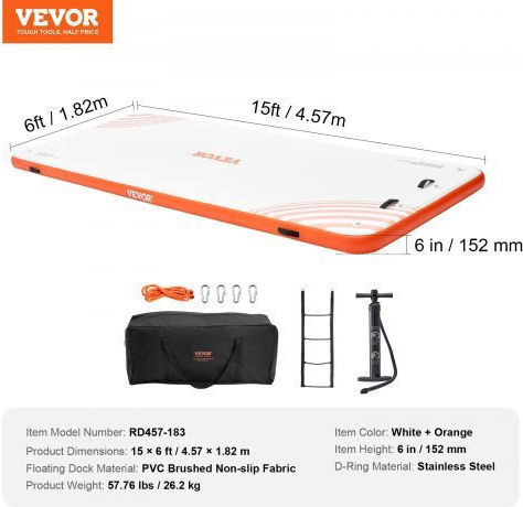 Vevor Inflatable Floating Dock For 2 People White 457.2x182.88cm