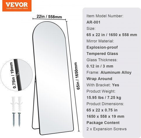 Vevor Gewölbter Boden- oder Standspiegel mit Schwarzem Aluminium Rahmen 165,1x55,9cm
