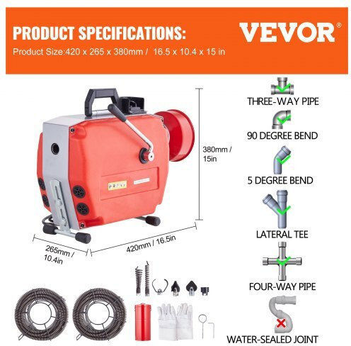 Vevor Vevor Abflussreiniger Stahl-Drainageentstopfer 36.576m