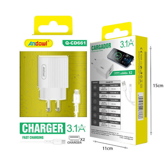 Andowl Charger with 2 USB-A Ports and Cable USB-C Whites (Q-CD661)