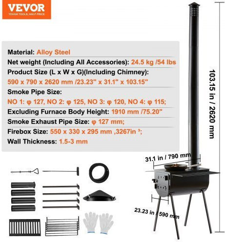 Vevor Wood Stove 118" Portable Camping Stove Chimneys & Gloves Zpqnly118inch0btvv0