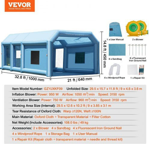 Vevor Надуваема бояджийска кабина Vevor 32.8 X 21 X 14.8 фута с мощни вентилатори и въздушен филтър за преносими големи превозни средства
