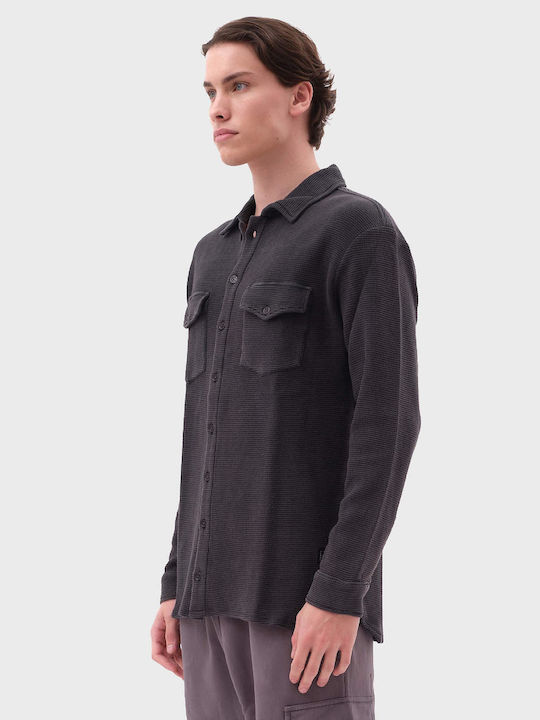 Dirty Laundry Long-sleeved Cotton Shirt in Wide Line Washed Black