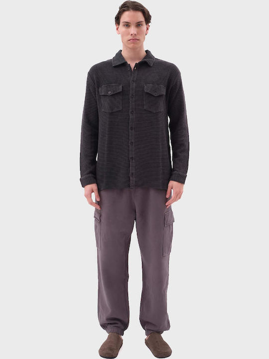Long-sleeved Cotton Shirt in Wide Line Washed Black
