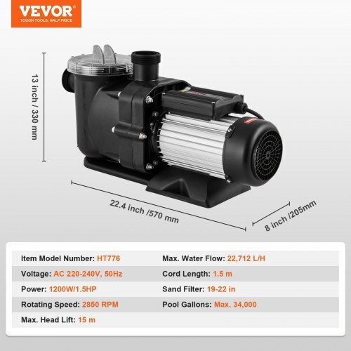 Vevor Αντλία Πισίνας Φίλτρου Μονοφασική με Ιπποδύναμη 1.5hp