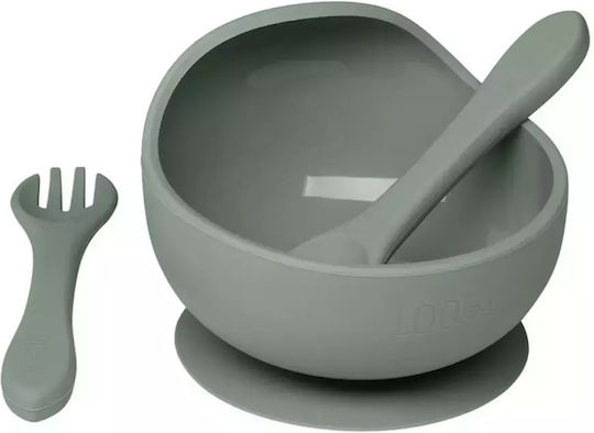 Loo Up Suction Bowl Feeding Set with Silicone Spoon and Fork Olive Green