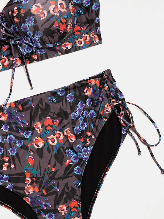 Σετ Μαγιό Plus Size Ψηλόμεσο Μπανέλα Floral Γκρι Γκρι