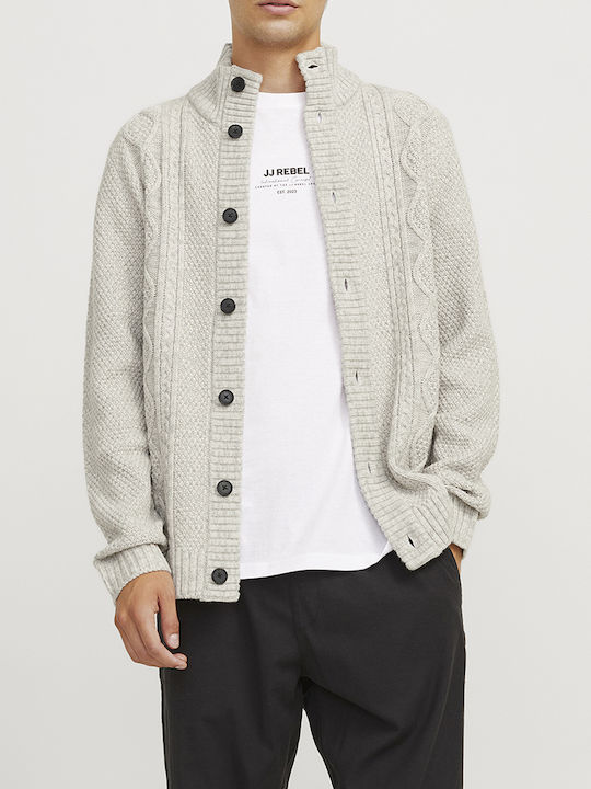 JJ Rebel Men's Knitted Cardigan with Buttons White Melange Light Gray