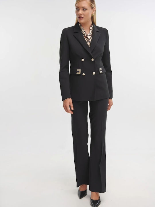 Fibes Long Women's Crepe Double Breasted Blazer Black