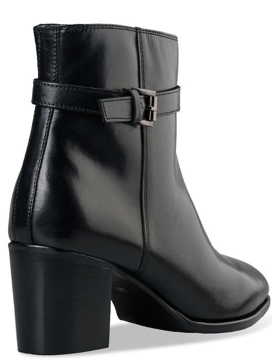 Buckle Strap Mid-heel Booties Δερμάτινα Γυναικεία Μποτάκια Αστραγάλου με Μεσαίο Τακούνι Μαύρα