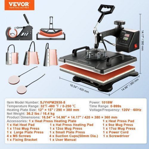 Vevor 8 in 1 Multifunctional Heat Press for Printing T-shirts, Mugs, Hats, Plates Fm1181dgnthj00001v2
