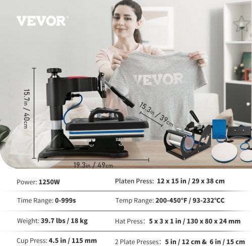 Vevor 5 in 1 Heat Press Machine 12x15 1250w Ftsdg1215220vyqjdv2