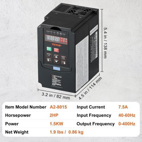 Vevor Vfd 2hp 1.5kw 7.5a 220v Είσοδος 1/3 Φάσης 3 Φάσεις 0-400hz Bpqdq15kw220pc4gyv7