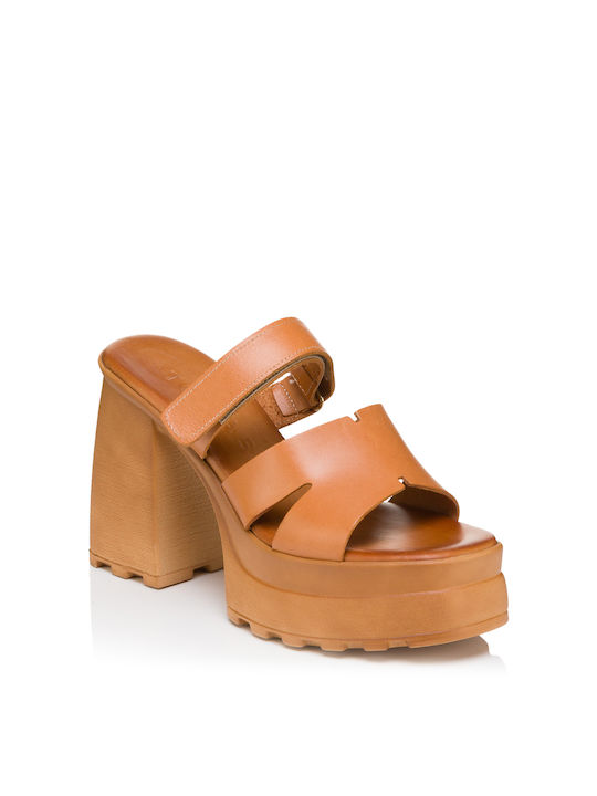 Tomas Shoes Chunky Heel Leather Mules Brown