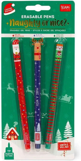 Legami Milano Erasable Pen Gel 0.7mm Red 3pcs Naughty or Nice Santa's Village (Limited Edition)