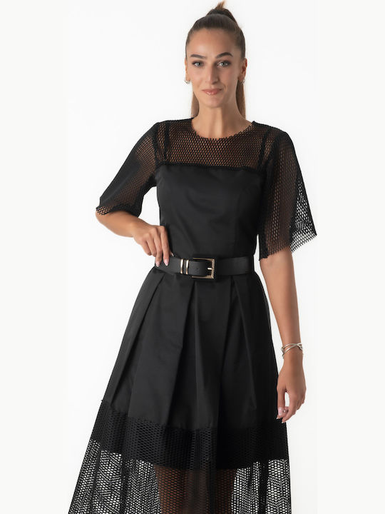 Midi Evening Dress with Mesh Black