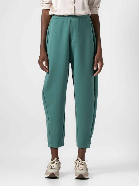Women's High-waisted Fabric Trousers with Elastic Carrot Fit Bay Leaf Mint