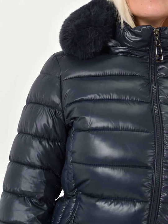 Lungă Jachetă de femei Puffer cu glugă de blană Dark Blue