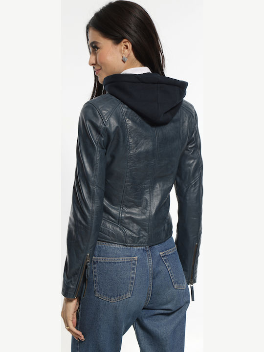 Women's Crop Lifestyle Leather Jacket for Winter with Detachable Hood Blue
