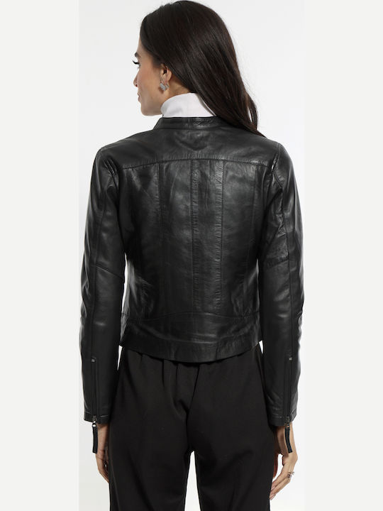 Women's Crop Lifestyle Leather Jacket for Winter Black