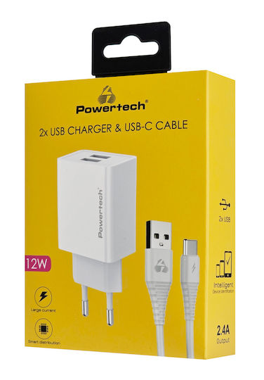 Powertech Charger with 2 USB-A Ports and Cable USB-C 12W Whites (PT-1324)