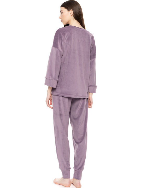 Pink Label Winter Damen Pyjama-Set Samt Purple