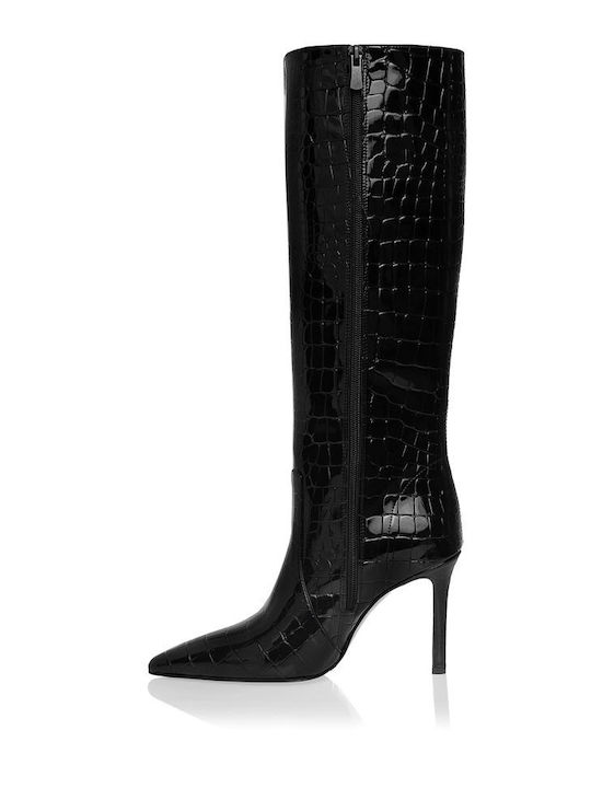 Patent Leather High Heel Women's Boots with Zipper Black