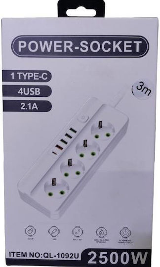 Захранваща лента 4 Позиции с 4 USB-A, 1 USB-C и Кабел 3м