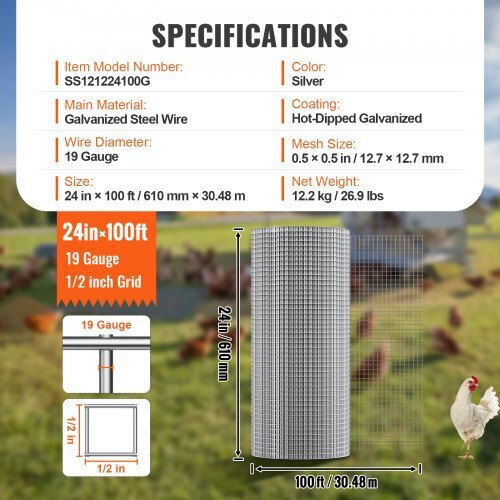 Vevor Σύρμα για Περίφραξη Κήπου Γαλβανιζέ 1.27x1.27εκ. Ασημί