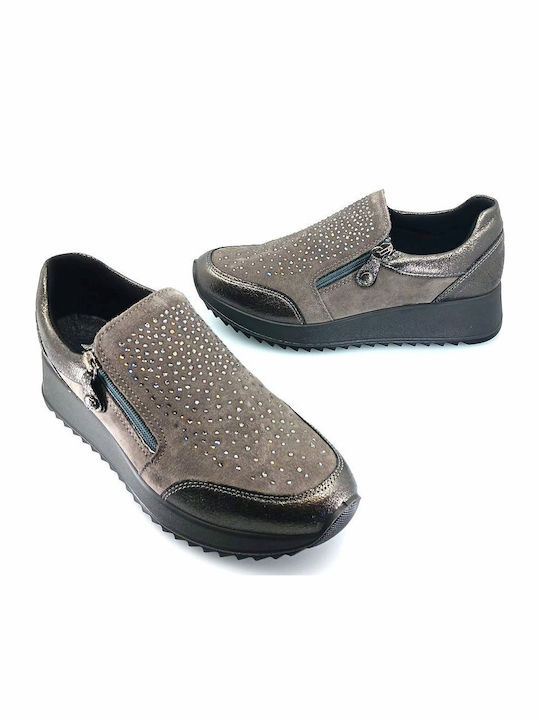 Ανατομικά Γυναικεία Slip-On Δερμάτινα Γκρι