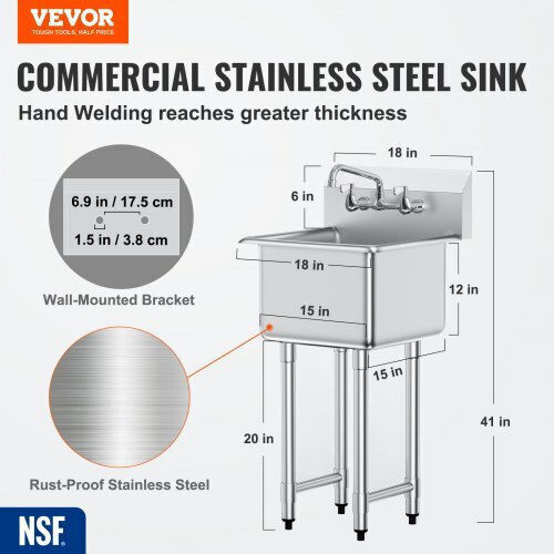 Vevor Chiuvetă comercială Single SYLSSCDCY1515HPD7V0 104.14xL45.72cm
