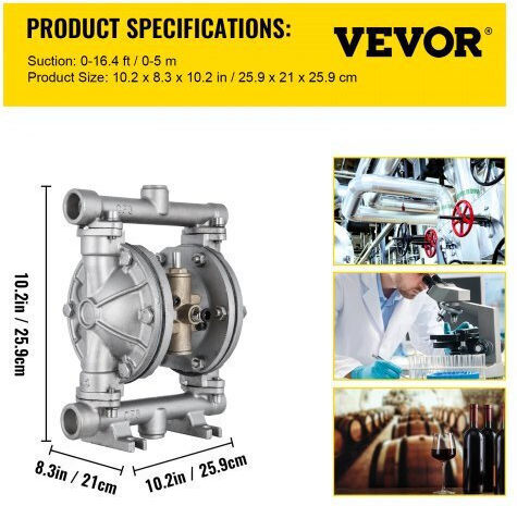 Αντλία Διπλού Διαφράγματος Vevor 1/2" Ανοξείδωτη 3 Gpm 90 Psi Ptfe Πετρέλαιο & Υγρά Χαμηλού Ιξώδους Ybgmbqbk-15p00001v0