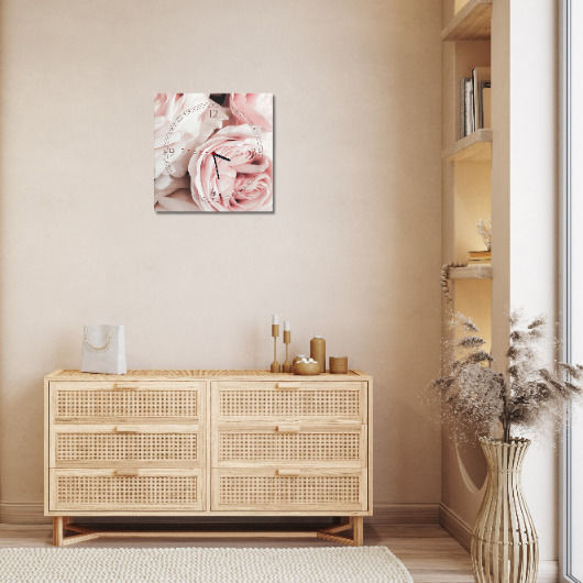 Ceas de Perete Living Canvas Tablou Flori Pastel Trandafiri 40x40cm