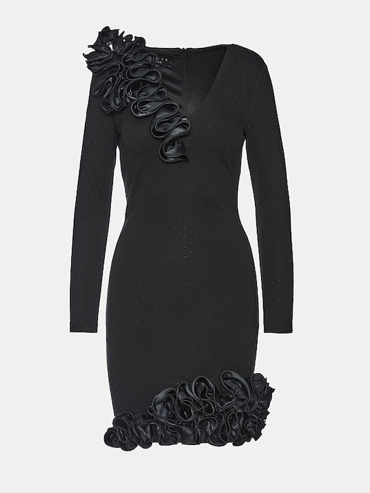 Mini Evening Satin Dress with Ruffles Black