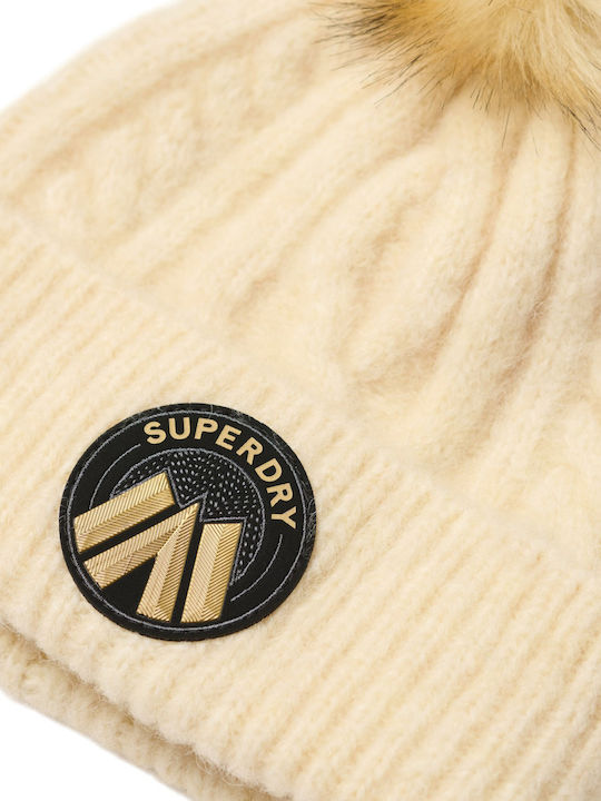 Superdry Cable Luxe Knit Beanie Beanie Knitted in Ecru color