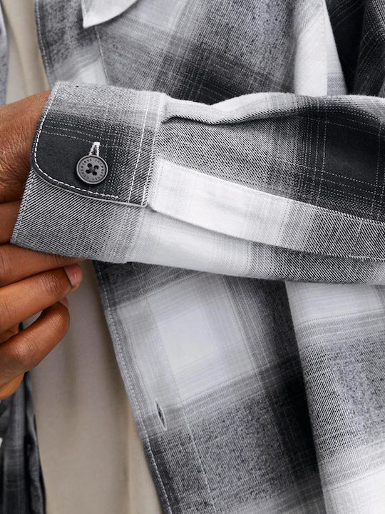 Long Sleeve Cotton Overshirt In Wide Line Checked Black