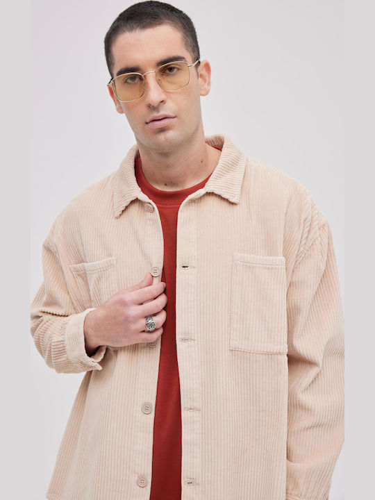 Long Sleeve Corduroy Overshirt In Wide Line Beige
