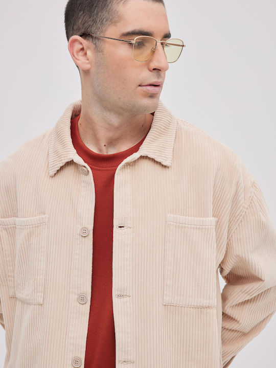 Long Sleeve Corduroy Overshirt In Wide Line Beige