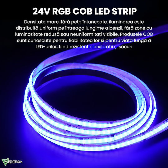 Kit Bandă LED Pureglow 24V RGB COB Vichema 576 LED-uri/M Interior Luminozitate Mare Silicon Gros Fără Pete Întunecate Unghi de Lumină 180° Flexibil Sincronizare Muzică Control prin Aplicație Telecomandă Sursă de Alimentare 24W 5m